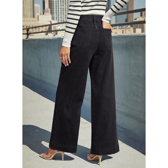 Women's Black High Waisted Wide Leg Denim Jeans Stretchy Loose Pants with Pocket - Picture 5 of 6